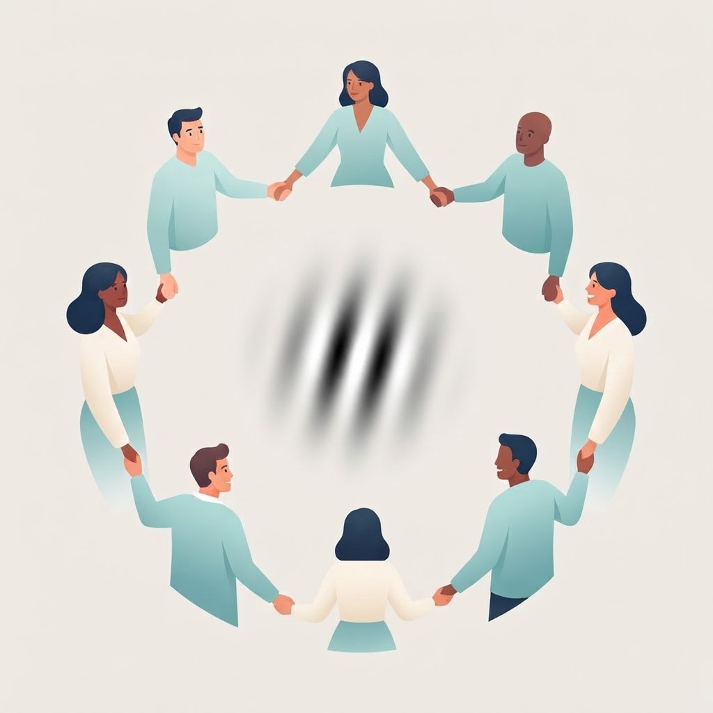Illustration of people around a Gabor patch, the visual stimulus used in FOCAL's training