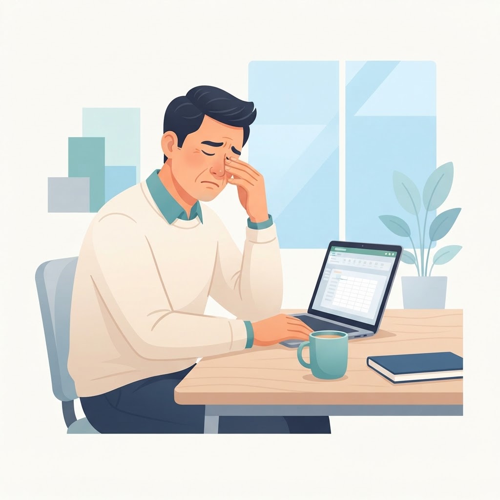 Rubbing tired eyes at desk